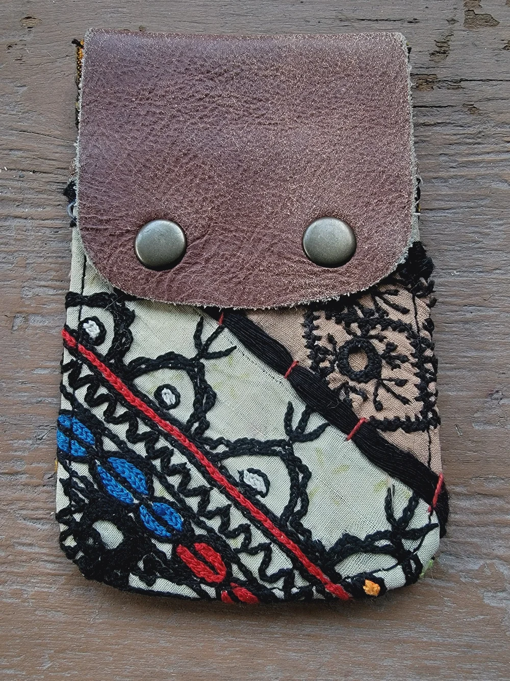 Free People embroidered banjara boho repurposed vtg leather wallet card case